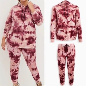 NWOT SET: Torrid Everyday Fleece Burgundy Tie Dye Active Hoodie/Jogger 1X
